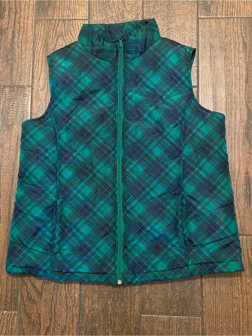 Basic Editions Green and Navy Plaid Quilted Vest